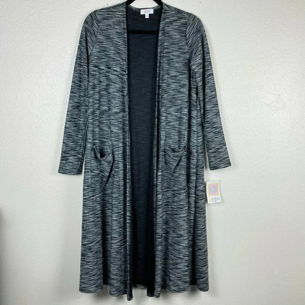 LuLaRoe Cardigan Women's Sz S Sarah Open Front Pocket Midi Heather Gray Black
